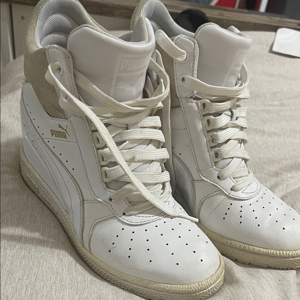 Puma White and Cream Wedge Sneakers in leather